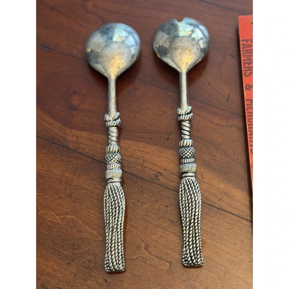 Vintage Silea Silver Plated Salad Serving Set Spoon Fork Rope Tassel 11